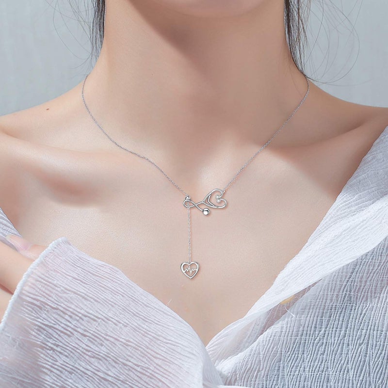 YFN Sterling Silver Stethoscope Jewelry Heartbeat EKG Adjustable Lariat Y Necklace for Women Doctor Nurse Gift (Stethoscope Lariat Necklace) - Image 2